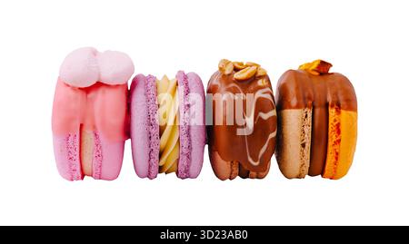 Colorful macarons arranged in a row showcasing various flavors and textures Stock Photo