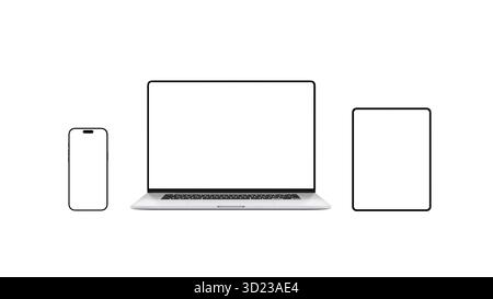 Modern smartphone, laptop, and tablet with blank screens on white background, representing responsive web design, digital technology, and multi-device Stock Photo