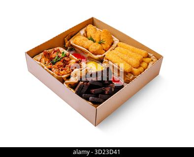 Assorted platter of crispy snacks with dips in a brown takeout box Stock Photo