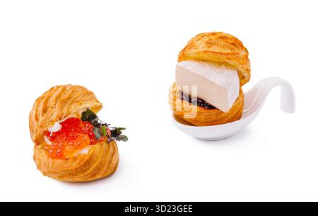 Gourmet puff pastry filled with caviar and soft cheese on white background Stock Photo