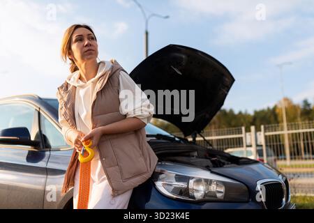 A woman in demand for towing stands near a broken down car with an open hood Stock Photo