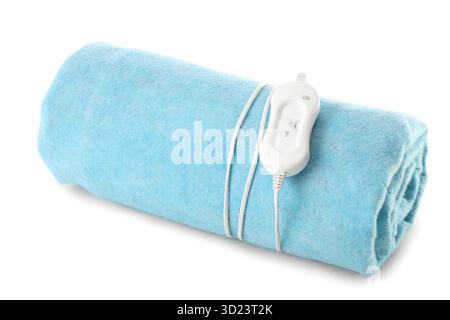 Blue electric heating pad on white background Stock Photo