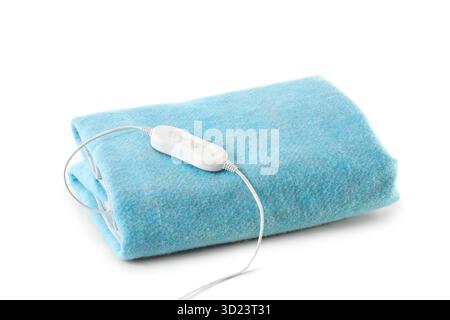 Blue electric heating pad on white background Stock Photo