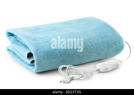 Blue electric heating pad on white background Stock Photo