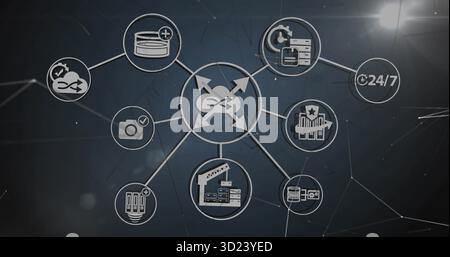 Displaying load balancing icon linking eight nodes in schematic, with database and monitoring icons Stock Photo