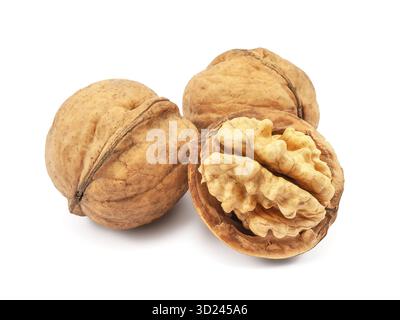 Walnut peeled in shell, isolated on a white background. Stock Photo