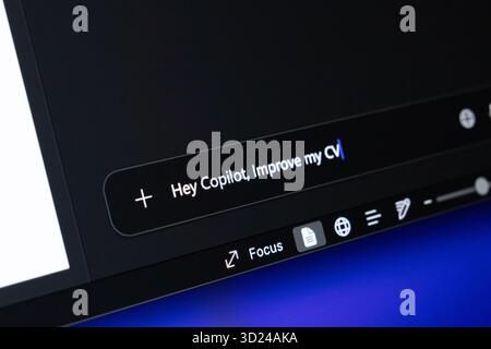 Poznan, Poland - September 18, 2025: Copilot program interface showing Hey Copilot, Improve my CV, emphasizing AI assistants potential to optimize res Stock Photo