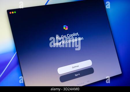 Poznan, Poland - September 18, 2025: Copilot application interface clearly visible on a sleek laptop, showcasing its welcoming message as an advanced Stock Photo