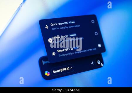 Poznan, Poland - September 18, 2025: Artificial intelligence chatbot interface offers Smart GPT-5, Quick response, Think deeper selections, optimizing Stock Photo