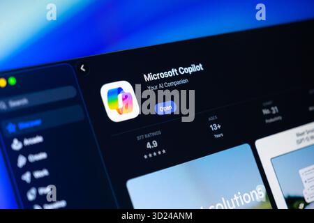 Poznan, Poland - September 18, 2025: Microsoft Copilot application, shown on a screen, detailing its advanced AI capabilities, digital companion featu Stock Photo
