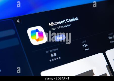 Poznan, Poland - September 18, 2025: Microsoft Copilot application interface on screen, displaying vibrant logo, emphasizing AI assistance Stock Photo