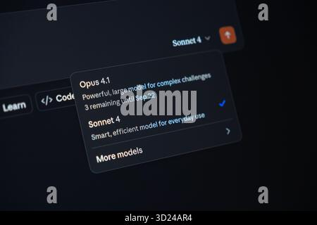 Poznan, Poland - September 18, 2025: Sonnet 4 displays AI model options, including Opus 4.1, on a dark digital interface, representing advanced artifi Stock Photo
