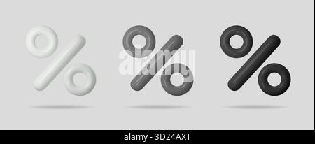 3D percent icons in white, grey, and black colors showing rate, discount, and price change. Modern percentage vector for sale, business, and financial Stock Vector