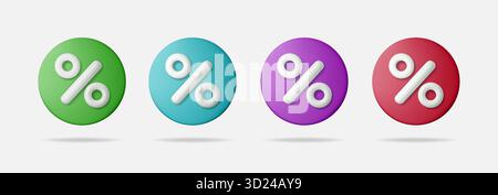3D discount icons with white percent on green, blue, red, and violet shapes. Realistic sale and offer badges, modern vector design for promo, coupon Stock Vector