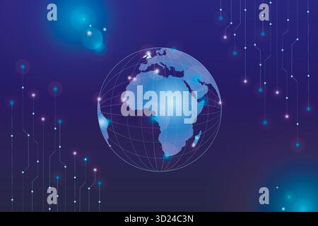 Technological background with Earth. Spread of technological progress. Blue background with planet, light lines, and electrons. Futuristic concept wit Stock Vector