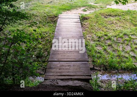 Small wooden footbridge crossing a shallow stream in a green forest. Stock Photo