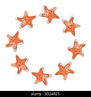 Starfish wreath in flat style orange color. Undersea design for seafood store, fish restaurant, card isolated on a white background. Stock Vector