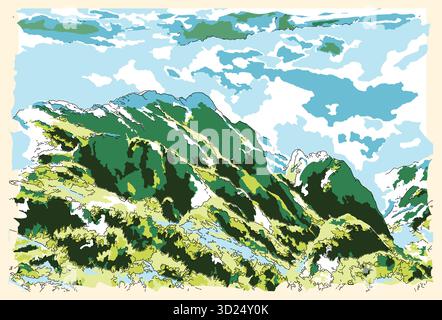 Sketch-style impressionnist painting,The serene hilltop,Digital illustration vector image Stock Vector