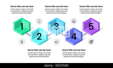 Infographic template with icons and 5 options or steps. Isometric rooms. Can be used for workflow layout, diagram, banner, webdesign. Vector illustrat Stock Vector