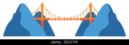 Illustration of an orange suspension bridge between two blue mountains Stock Vector