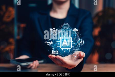 Artificial Intelligence concept. Person holding AI chip with futuristic icons, representing machine learning, automation, AI agents, data processing, Stock Photo