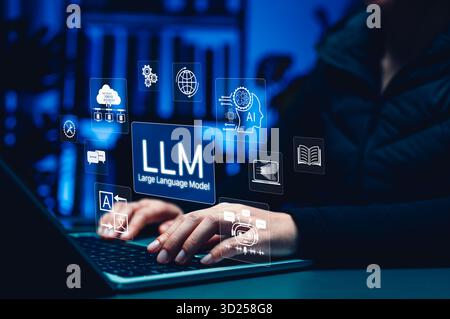 LLM Large Language Model Concept. Person using laptop with icons of AI, chatbot, cloud computing, translation, generative AI, NLP natural language Stock Photo