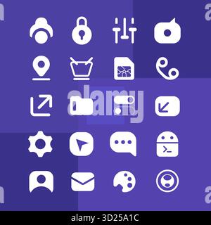 Collection of white minimalist app icons on a purple background, Includes symbols for settings, folder, location, message, call, music, mail, and othe Stock Vector
