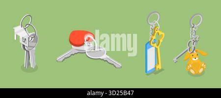 3D Isometric Flat Illustration of Key Sets Collection, Keys with Accessories Stock Photo
