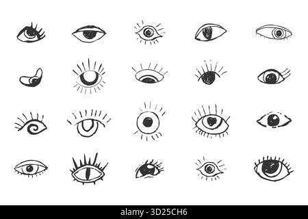 Eyes Crazy collection doodle black eyes. Open eye creative human parts of faces elements, various opened eyes. Black ink vision icon, hand drawn grunge ophthalmologist symbol, drawn charcoal eyes. Vector illustration Stock Vector