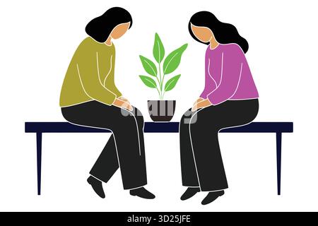 Two women sitting on a bench with a plant in the middle in a minimalist illustration style drawing Stock Vector