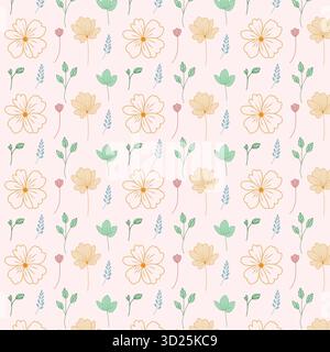 Seamless floral pattern in a soft pastel minimalist style. The design features delicate line flowers and leaves in yellow, green, blue, and pink tones Stock Vector
