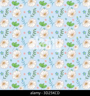 A seamless botanical floral pattern featuring hand-drawn flowers, leafy branches, and colorful small blossoms on a light blue background. Designed in Stock Vector