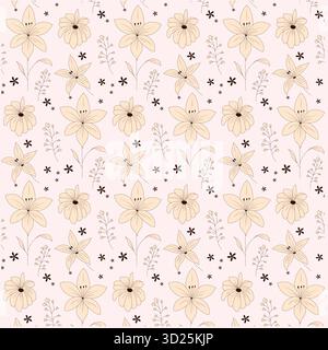 A seamless floral pattern featuring beige hand-drawn flowers and delicate botanical elements on a soft pastel background. Designed in a minimalist and Stock Vector