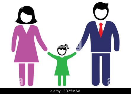 A simple family icon showing a mother father and child holding hands in bright Stock Vector
