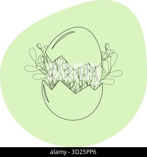 Outline Cracked Eggshell with Floral Composition Inside Against Abstract Green Spot Easter Greeting. Isolated Vector illustration Easter Greeting Thematic Card Party Invite Social media highlights Tag Stock Vector