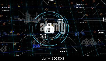Highlighting white padlock icon in blue rings on digital grid with hexagon patterns and data Stock Photo