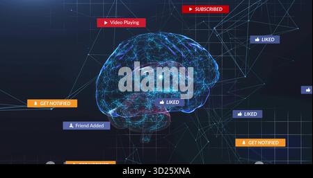 Floating blue wireframe brain glowing, linking through digital network with notification tags Stock Photo