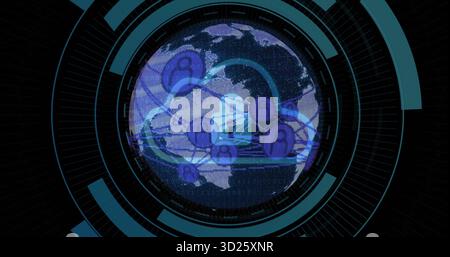 Displaying digital globe with curved lines and padlocks at futuristic circular UI, binary overlay Stock Photo