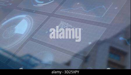 Hovering holographic panels over building facade, displaying line chart, grid panels and radar Stock Photo
