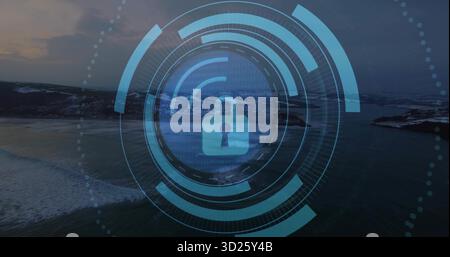 Displaying security overlay on coastal dusk view, featuring padlock icon, binary code, rings Stock Photo