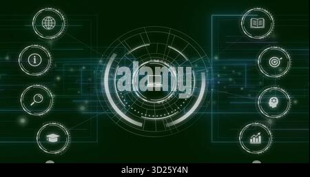 Displaying central circular HUD streaming data lines on green interface, with laptop, globe icons Stock Photo