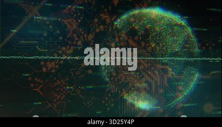 Displaying data sphere intersecting green waveform with orange traces on circuitry, copy space Stock Photo