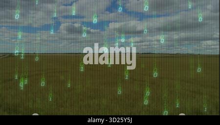 Streaming green binary digits cascading over farmland under partly cloudy sky, digital rain Stock Photo