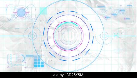 Displaying HUD on crumpled grid paper, with radial gauges, crosshair markers and translucent map Stock Photo