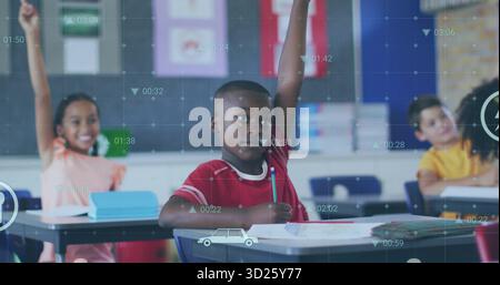 Raising hands four students sitting at classroom desks, with notebooks pencils textbooks Stock Photo