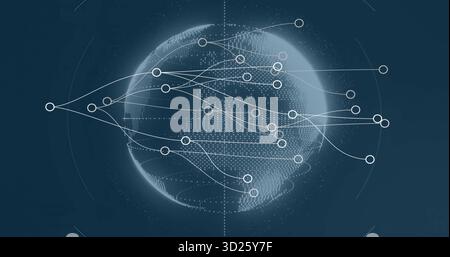 Rendering digital globe with luminous dots linking nodes on dark blue screen, with dotted rings Stock Photo