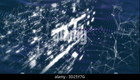 Displaying network visualization floating in virtual environment, with glowing nodes and thin lines Stock Photo
