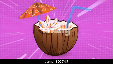 Showing coconut shell on pink backdrop, with orange beverage, blue straw, paper umbrella, plumeria Stock Photo