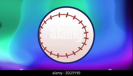 Displaying circular baseball icon on green-purple gradient with red stitches and dark blue outline Stock Photo