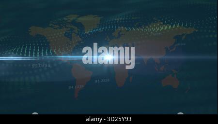 Displaying holographic world map on dashboard with data dots, numeric labels and lens flare Stock Photo